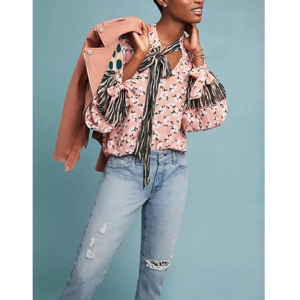 Blank London Anthropologie Pink Floral Velia Tie Blouse Size Small